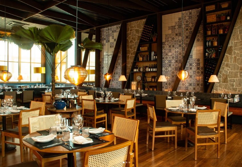 Parte interna de um restaurante, representando cadeiras para restaurantes