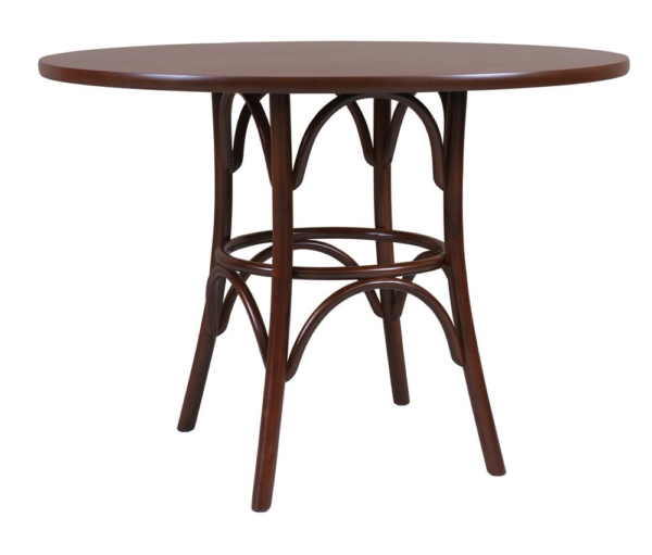 Imagem da Mesa Atenas em madeira maciça vergada com tampo redondo e design sofisticado.