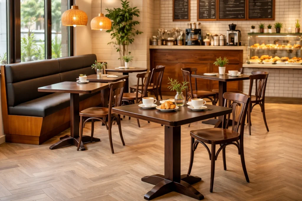Decoração para cafeteria com mesas quadradas de madeira e iluminação acolhedora