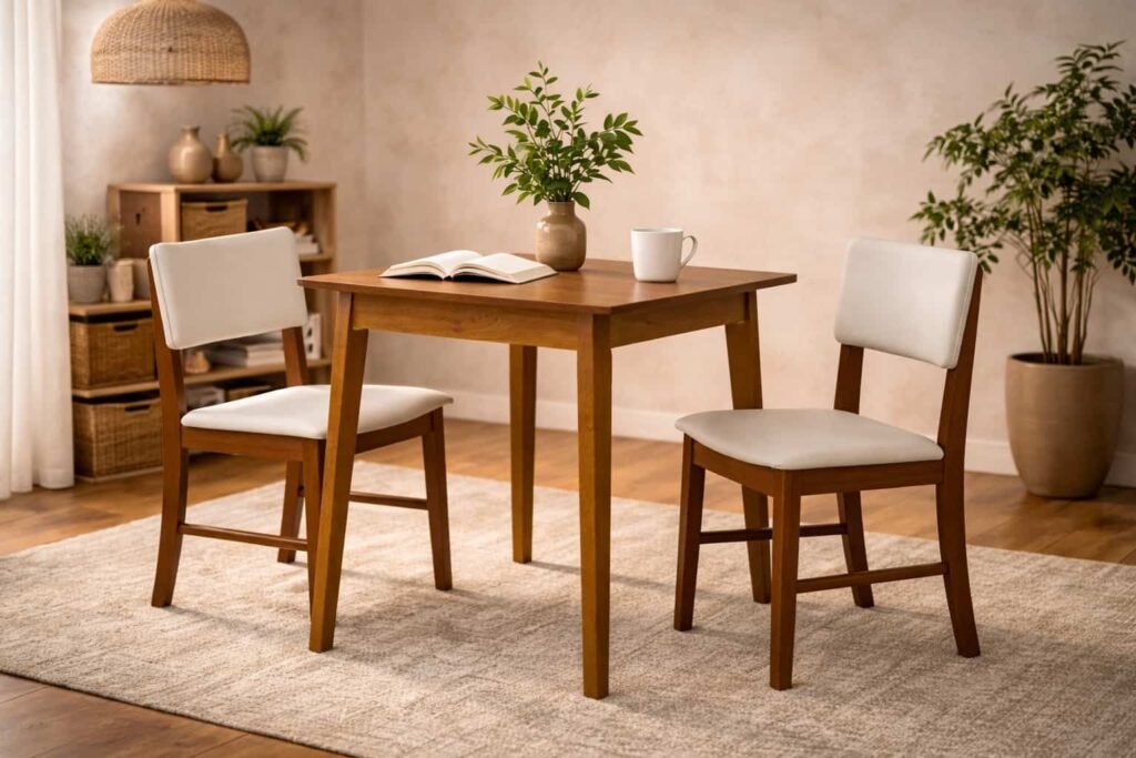Decoração com móveis de madeira em ambiente acolhedor com mesa, cadeiras estofadas e tons naturais