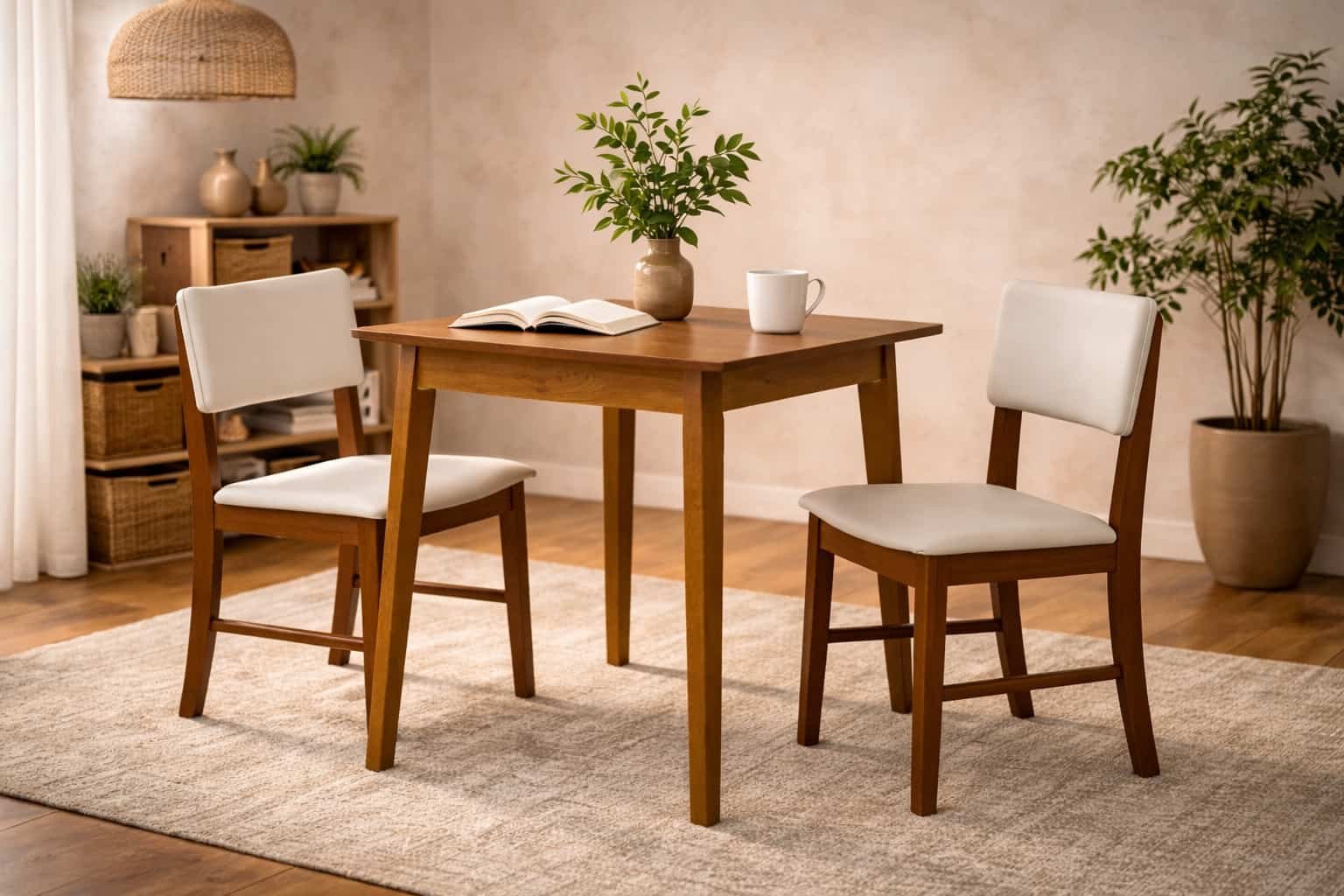 Decoração com móveis de madeira em ambiente acolhedor com mesa, cadeiras estofadas e tons naturais